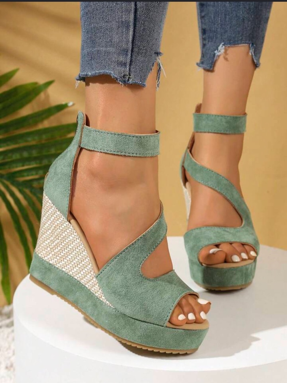 Women’s Green Suede Platform Wedge Sandals with Ankle Strap